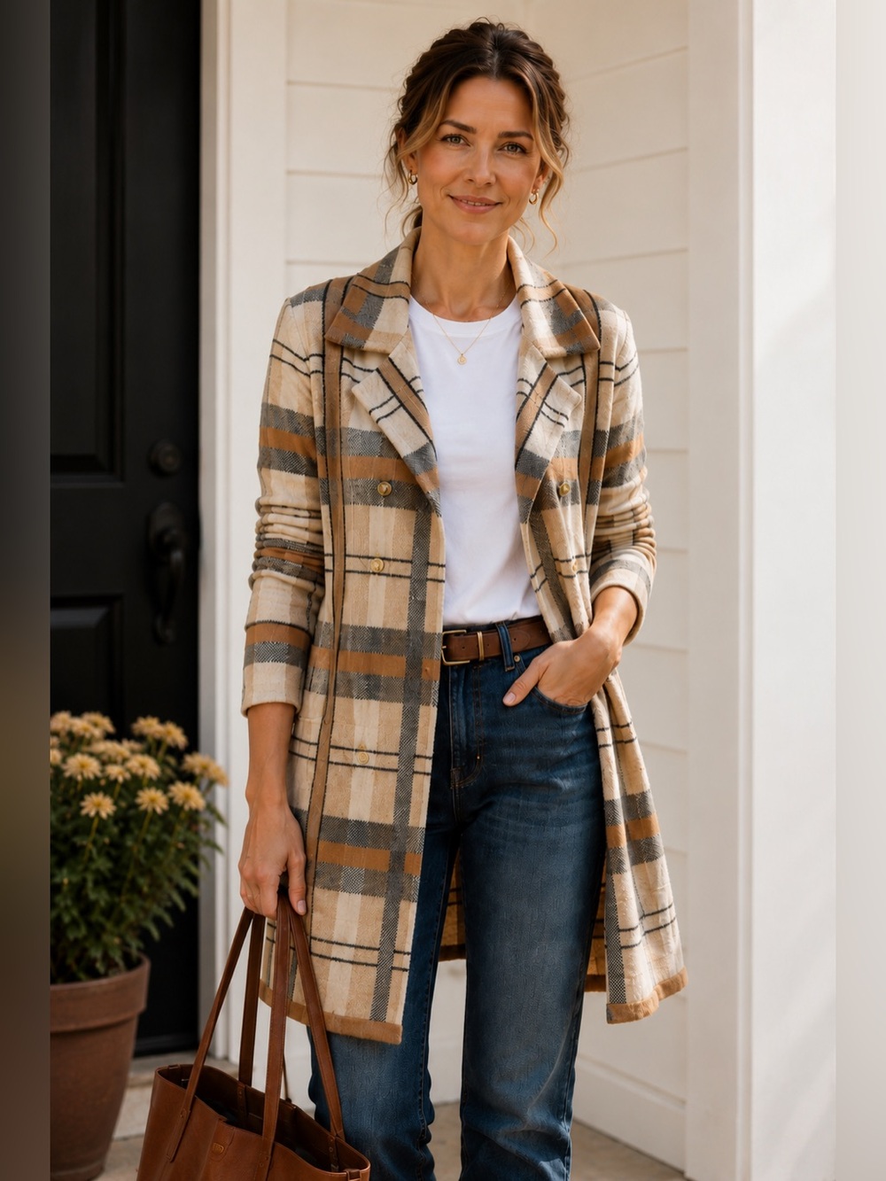 Anne Klein Plaid Coatigan Sweater Jacket L Gold Button Knit